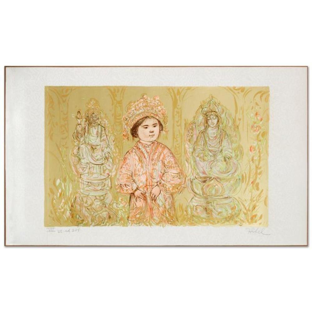 Willie and Two Quan Yins Limited Edition Lithograph by Edna Hibel (1917-2014), Numbered and Hand Signed with Certificate of Authenticity.