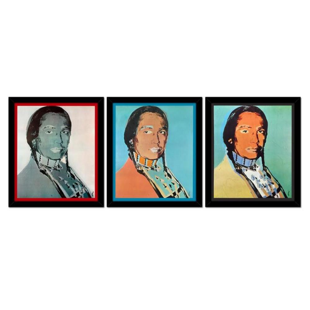 Andy Warhol (1928-1987), "The American Indian Series 3 Piece Set (Red 1976, Blue 1977 & Black 1976)" Framed Vintage Lithographs from Ace Gallery with Letter of Authenticity.