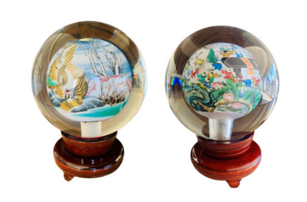 Pair of Hand painted original crystal sculpture on wood stand