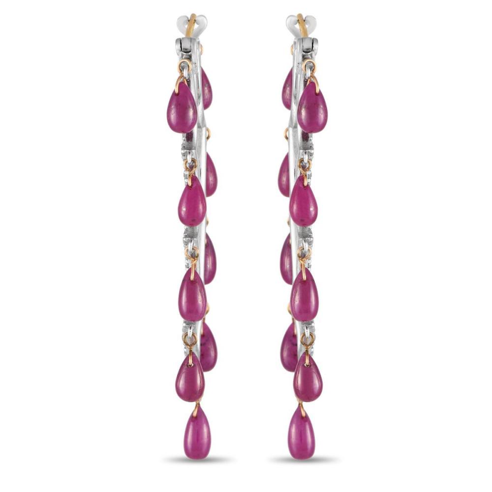 14K Yellow Gold and Silver 1.29ct Diamond and Ruby Dangle Earrings