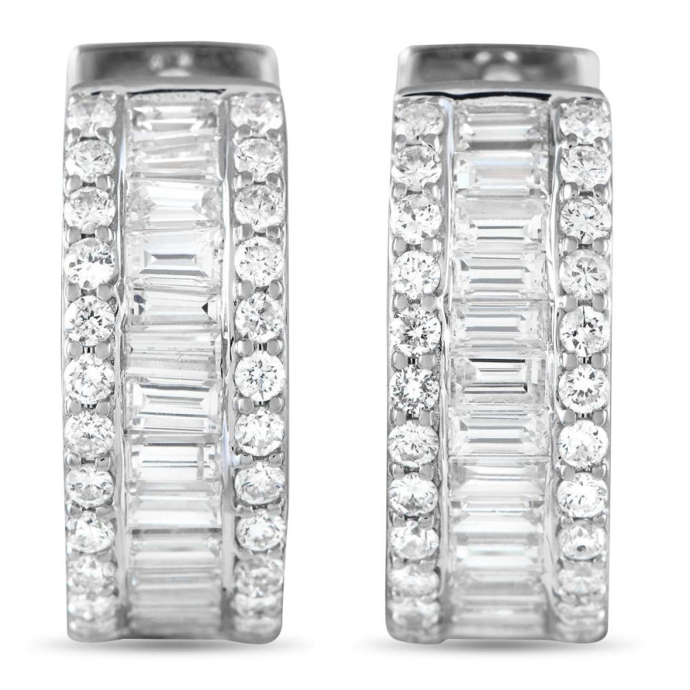 18K White Gold 2.53ct Diamond Baguette Channel Hoop Earrings