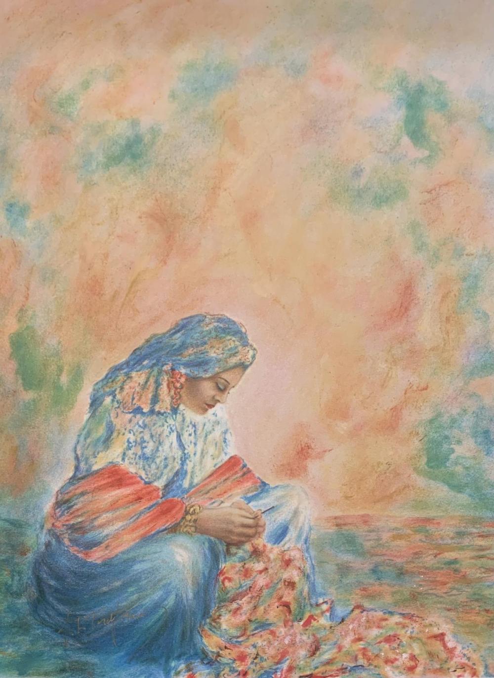 Itzhak Tordjman Pastel paint over lithograph on paper "From the Woman of Valor series"