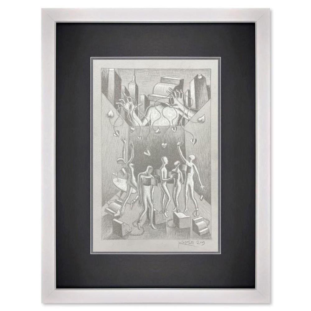 Mark Kostabi, "New York Strings" Framed Original Drawing on Paper, Hand Signed with Certificate of Authenticity.