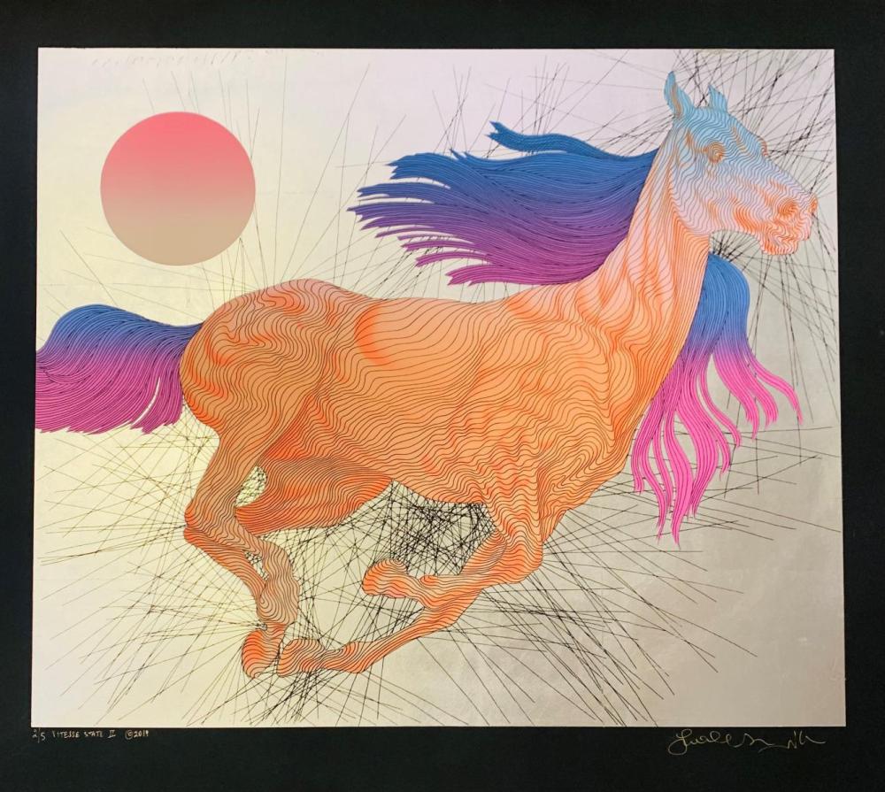 Guillaume Azoulay Serigraph on black paper with hand laid silver leaf "VITESSE"