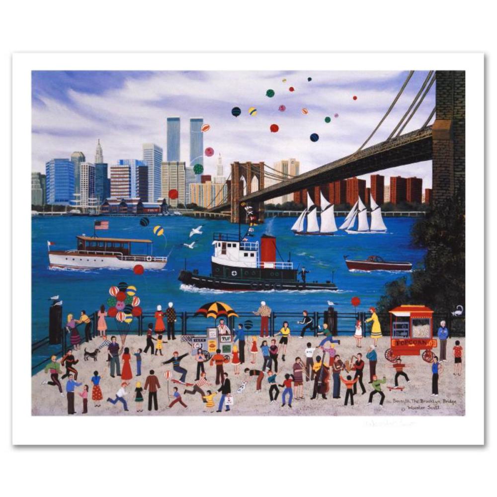 "Beneath The Brooklyn Bridge" Limited Edition Lithograph by Jane Wooster Scott, Numbered and Hand Signed with Certificate of Authenticity.