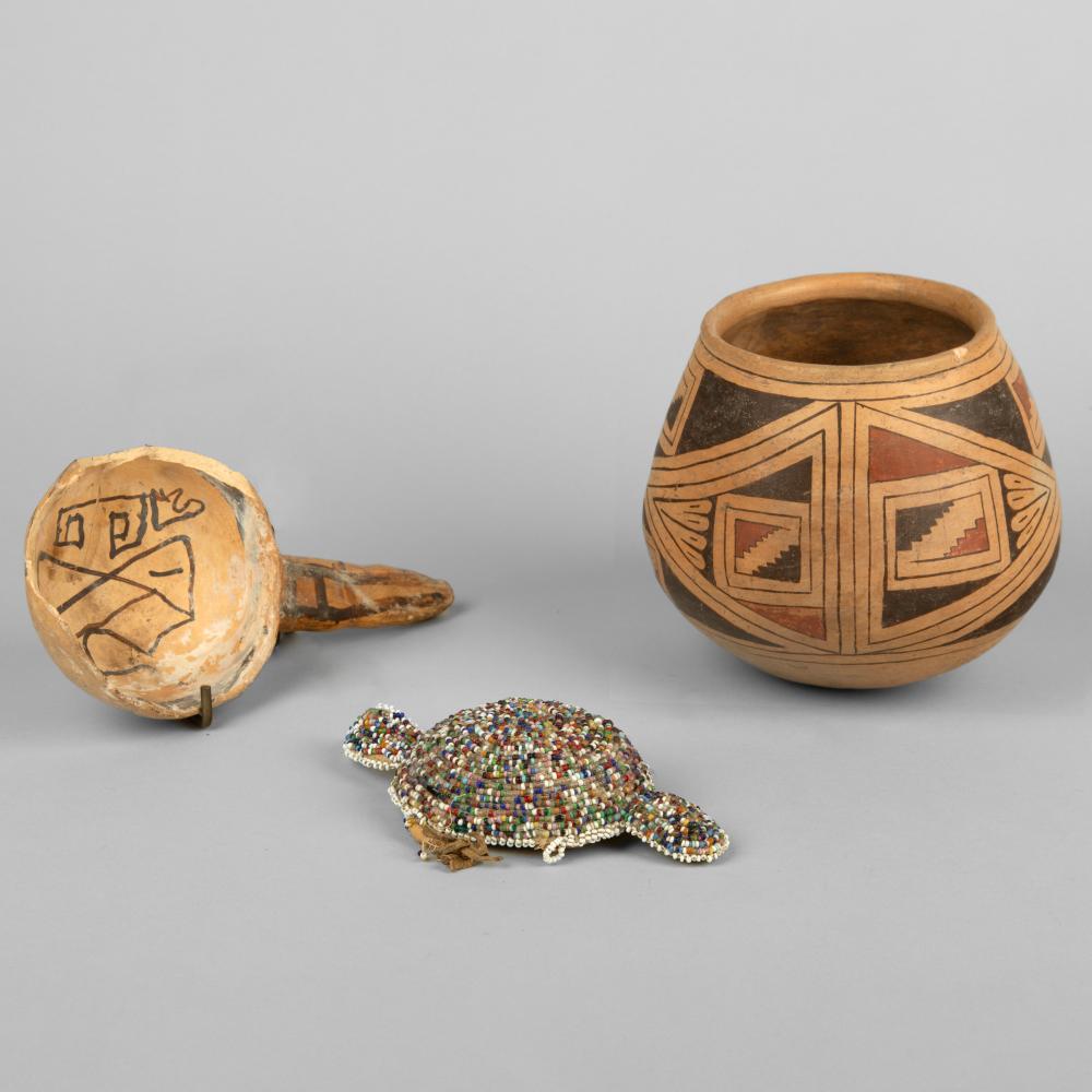 Group of Three: Casas Grandes Polychrome Pottery Jar + Pottery Ladle + Beaded Turtle Umbilical Fetish