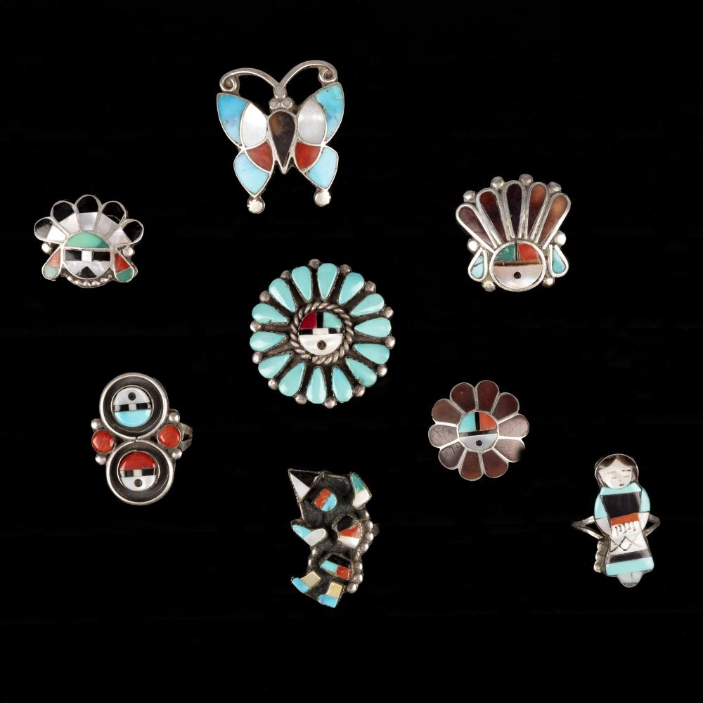 Zuni, Group of Eight Silver and Stone Inlay Rings, ca. 1970 - 1980