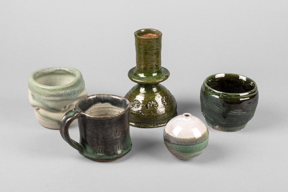 Group of Five Green Ceramic Vessels