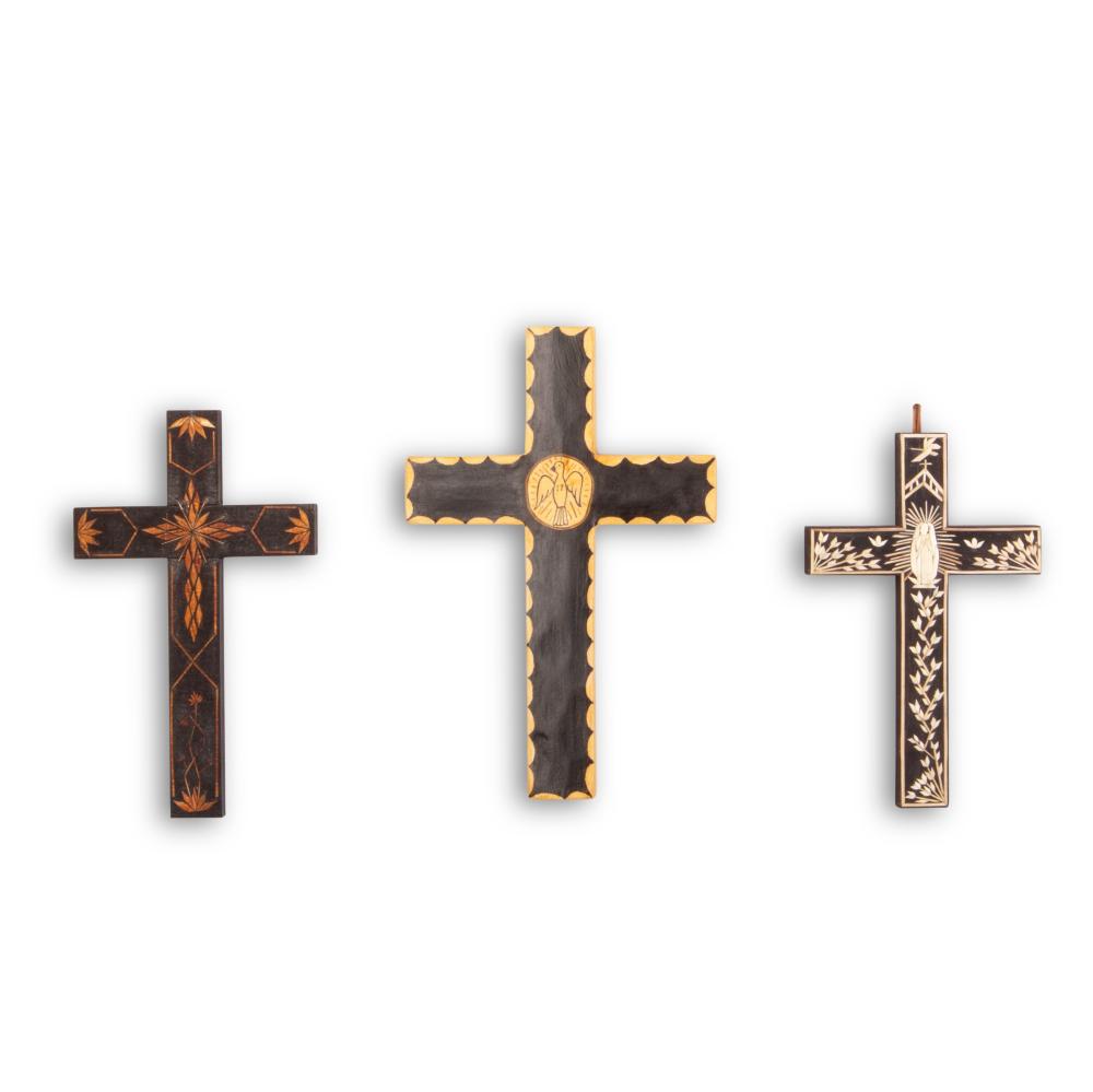 Group of 3 Crosses: Wooden Cross, 1999 + Virgin de Guadalupe, 1998 + Straw Appliqué Cross, 1997