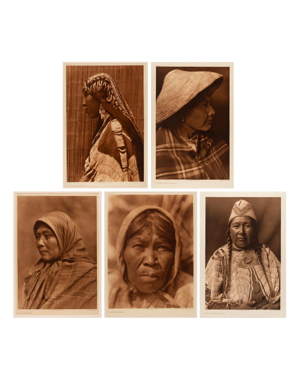 Edward S. Curtis, Female Portraits Group of Five: Wife of Mnainak - Yakima, 1910 + Wishham Girl - Profile, 1910 + Quinault Female Profile, 1912 + Puget Sound Type, 1899 + A Cuepeno Woman, 1924