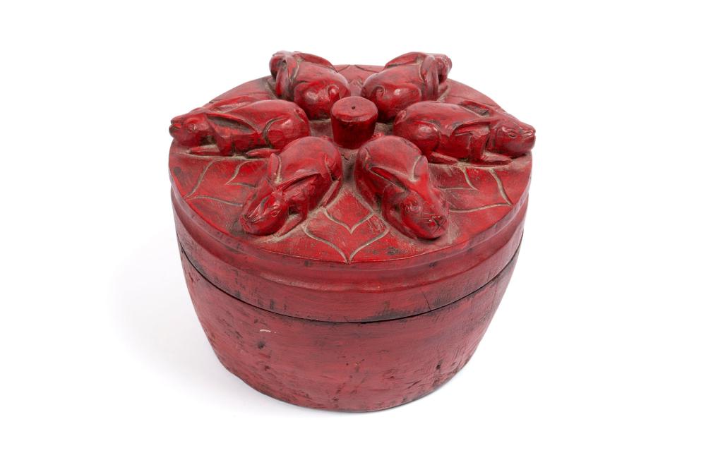 SHANXI RED LACQUER HAND CARVED RABBIT BOX