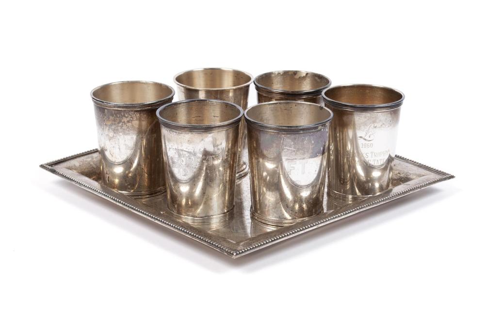 GROUP OF SIX STERLING MINT JULEP CUPS AND TRAY