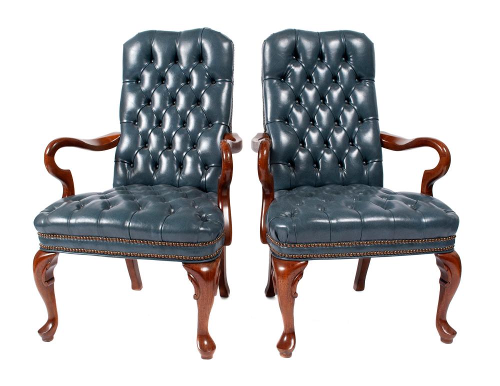 PAIR OF TUFTED BLUE LEATHER OPEN ARMCHAIRS