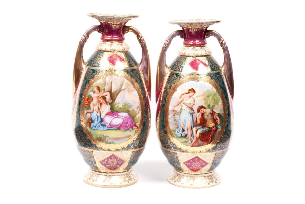PAIR OF ROYAL VIENNA DOUBLE-HANDLED VASES