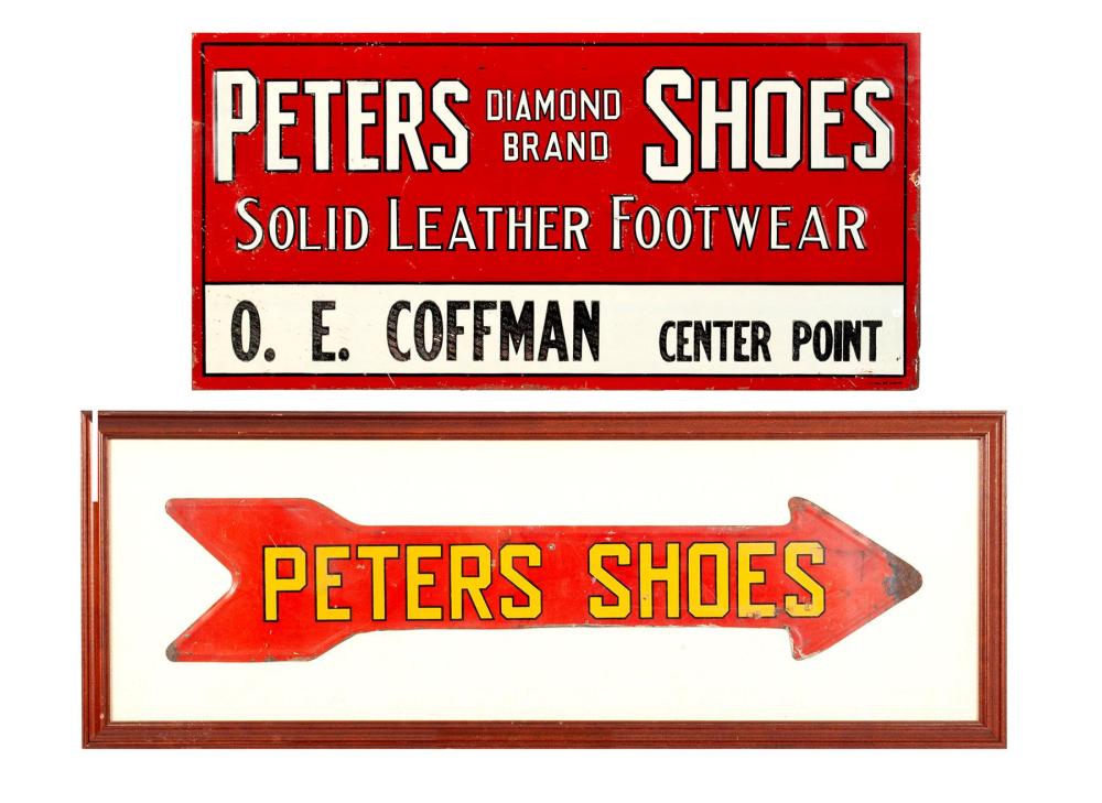 TWO RED METAL PETERS SHOES ADVERTISING SIGNS