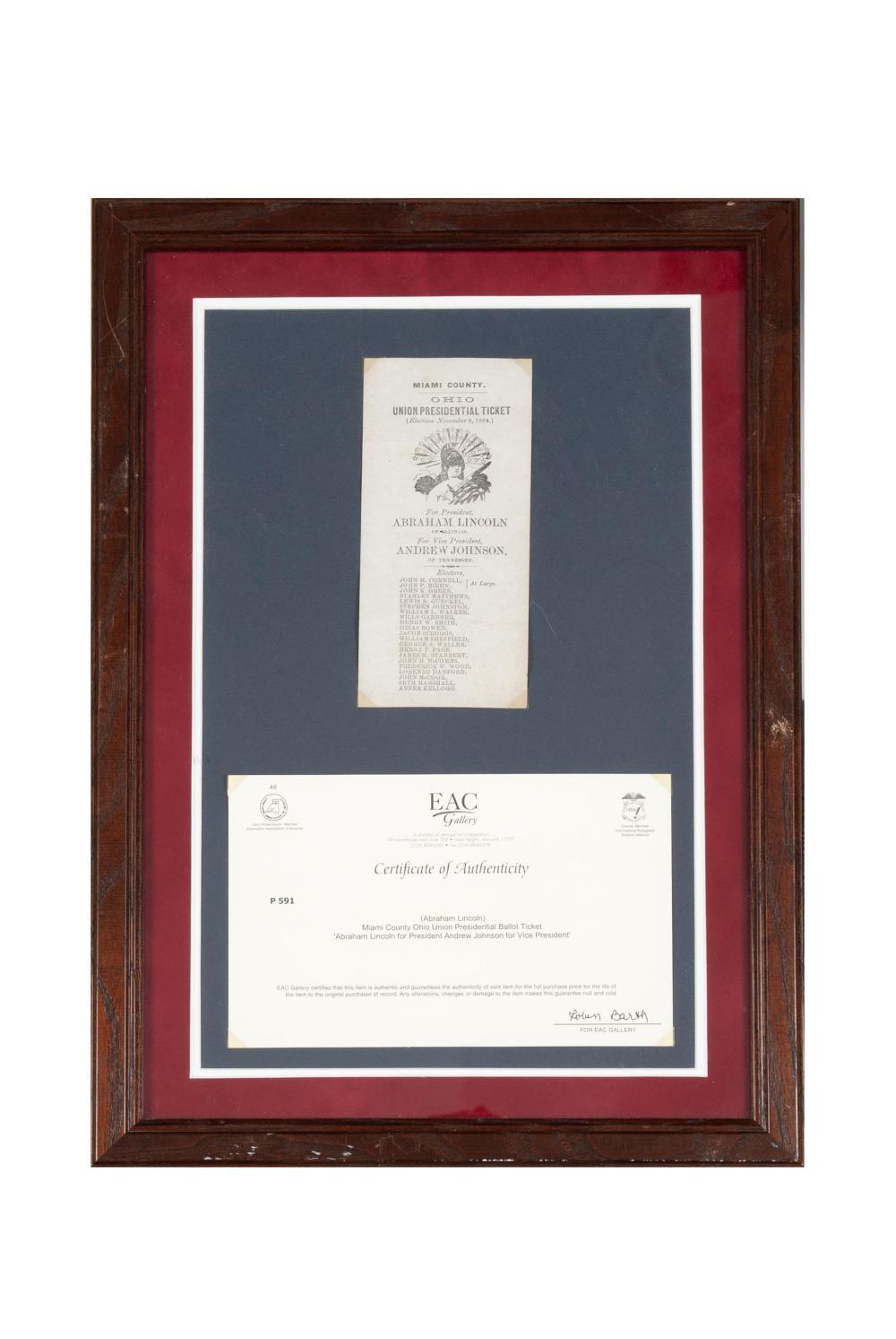 UNION PRESIDENTIAL TICKET FOR THE 1864 ABRAHAM LINCOLN AND ANDREW JOHNSON ELECTION