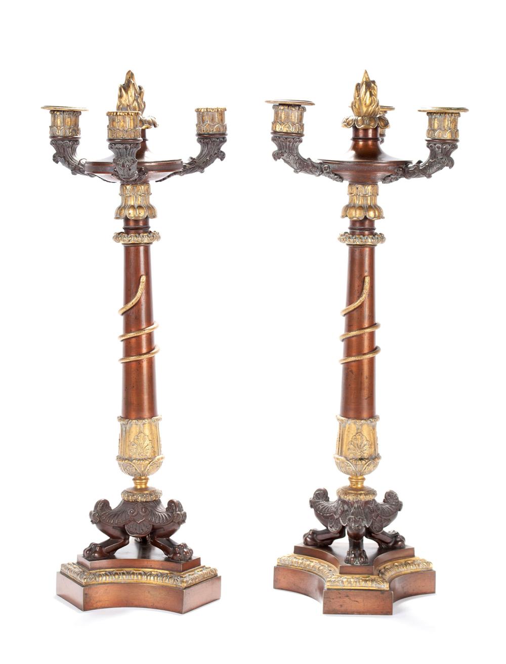 PAIR EMPIRE THREE-LIGHT CANDELABRA