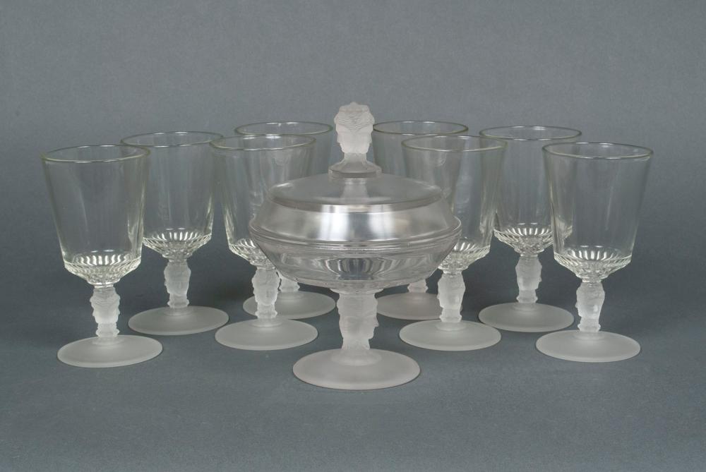 DUNCAN & MILLER THREE FACE GLASS GOBLETS AND CANDY DISH