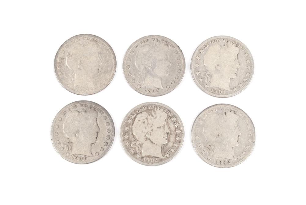 SIX BARBER SILVER HALF DOLLARS