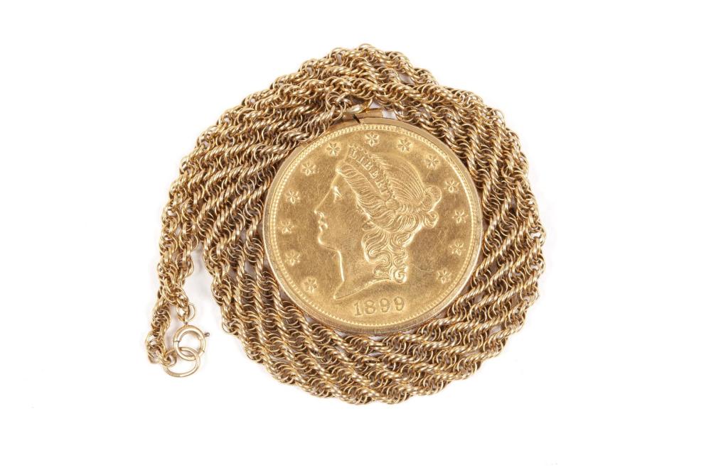 U. S. 1899-S CORONET DOUBLE EAGLE $20 GOLD COIN AND CHAIN