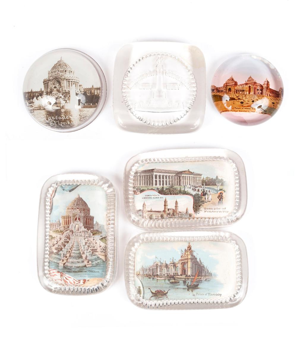 SIX ST. LOUIS 1904 WORLD'S FAIR SOUVENIR GLASS PAPERWEIGHTS