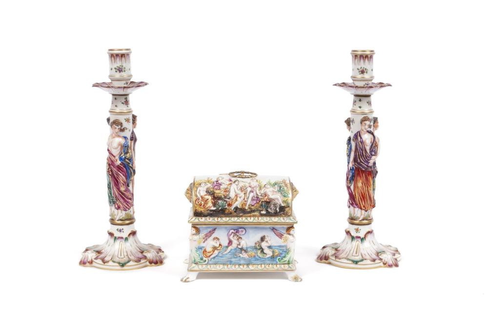 THREE-PIECE CAPODIMONTE PORCELAIN GARNITURE