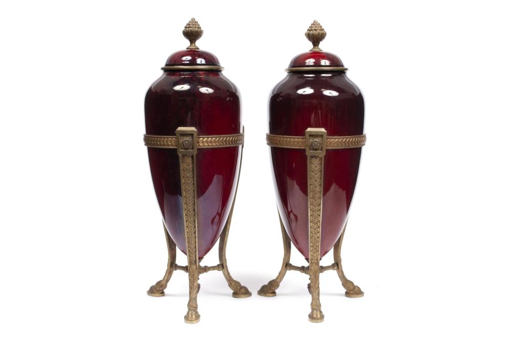 PAIR OF LOUIS XVI STYLE FLAMBE PORCELAIN ORMOLU MOUNTED URNS