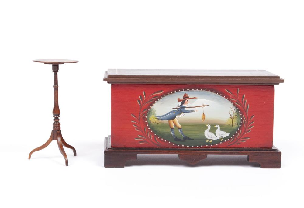 ARTISANAL MINIATURE BLANKET CHEST AND CANDLESTAND