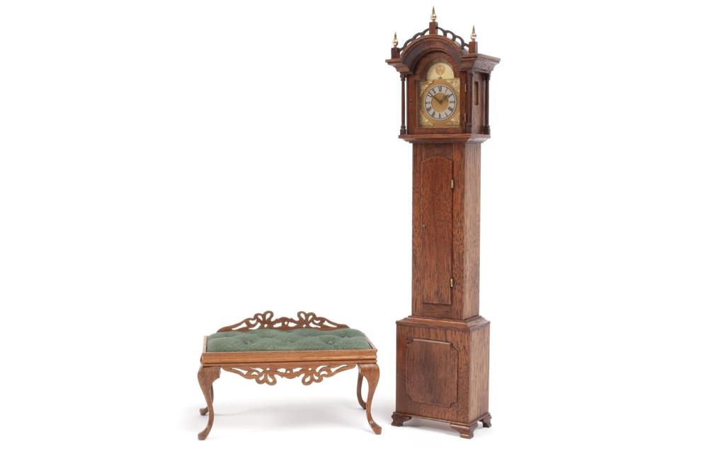PERIOD INSPIRED MINIATURE GRANDFATHER CLOCK AND BENCH