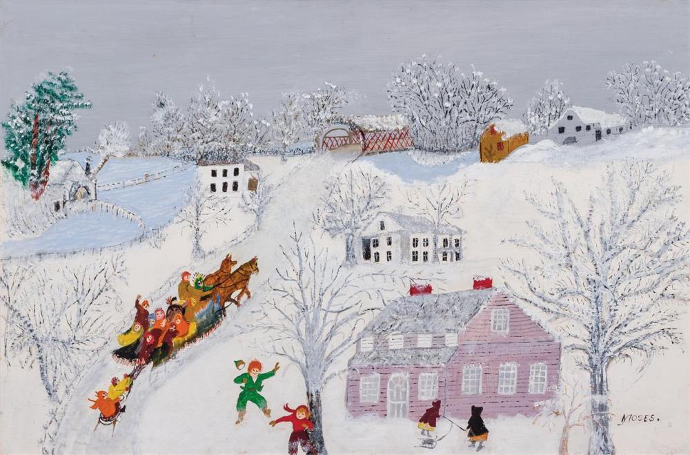 GRANDMA (Anna Robertson) MOSES, American (1860-1961), Over the Bridge, oil on masonite, signed "Moses" lower right, dated "Oct. 1960...