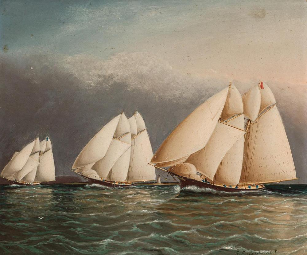 JAMES EDWARD BUTTERSWORTH, American/British (1817-1894), "Start of the Great Atlantic Race", oil on board, signed lower right "J.E....