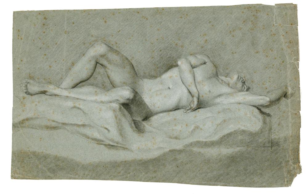 JOHN CONSTABLE, British (1776-1837), Study of a Male Nude, black and white chalk on blue paper, 13 3/4 x 21 1/4 inches (sheet)
