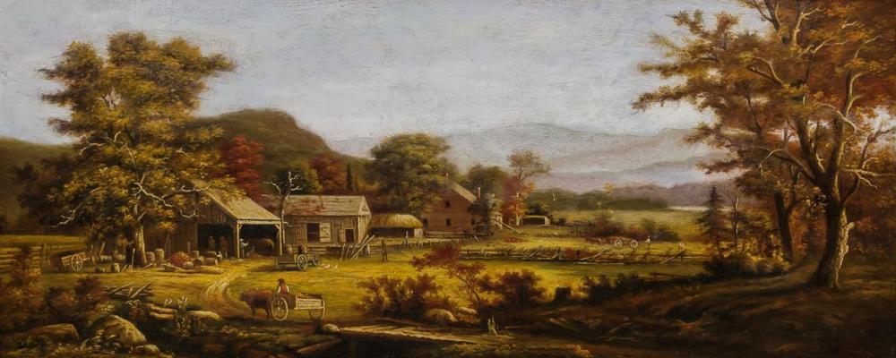 RICHARD WILLIAM HUBBARD, American (1817-1888), A Busy Day on the Farm, oil on panel, monogrammed and dated lower right "74", 9 x 20...