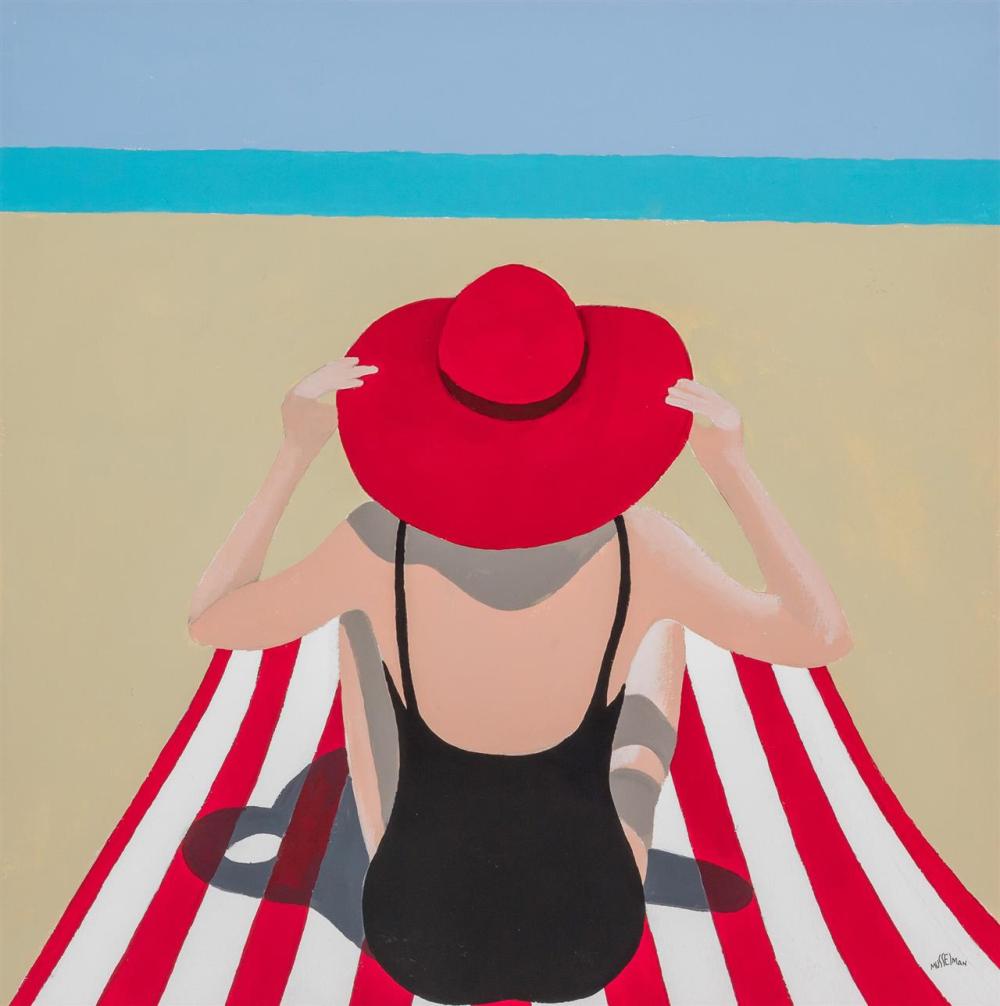 KEN MUSSELMAN, American (21st Century), Woman with Red Hat at the Beach, watercolor, gouache and pencil on paper, signed lower right...