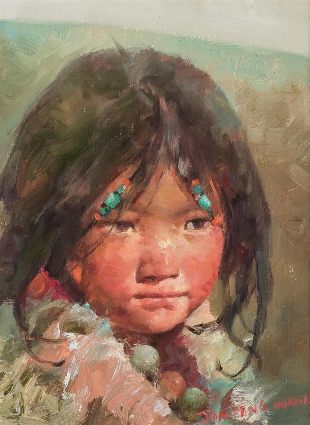 JAN PENG WANG, American (late 20th century), Portrait of a Little Girl, oil on canvas, signed "Jan Peng Wang" lower right, 12 x 8 1/...