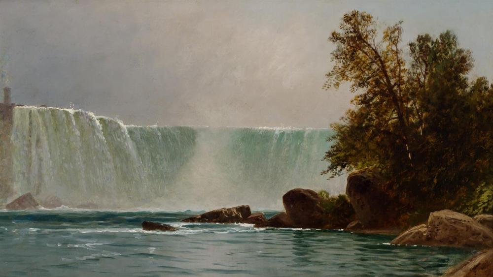 ALFRED THOMPSON BRICHER, American (1837-1908), Niagara Falls, oil on canvas, signed lower right "A.T. Bricher", 12 3/4 x 21 5/8 inch...