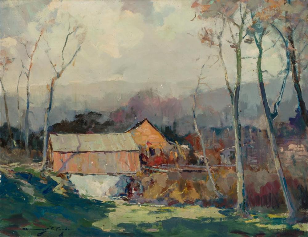 CHAUNCEY FOSTER RYDER, American (1868-1949), The Covered Bridge, oil on canvas, signed lower left "Chauncey F. Ryder", 28 x 36 inche...