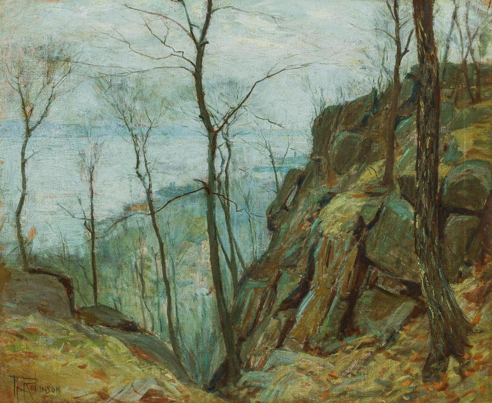 HAL ROBINSON, English/American (1867-1933), Trees at the Cliff, oil on canvasboard, signed lower left, 20 x 24 inches