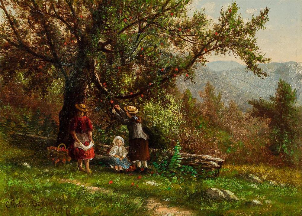 CLINTON OGILVEE, American (1838-1900), Under the Apple Tree, oil on canvas laid down on masonite, signed and dated lower left "Clint...