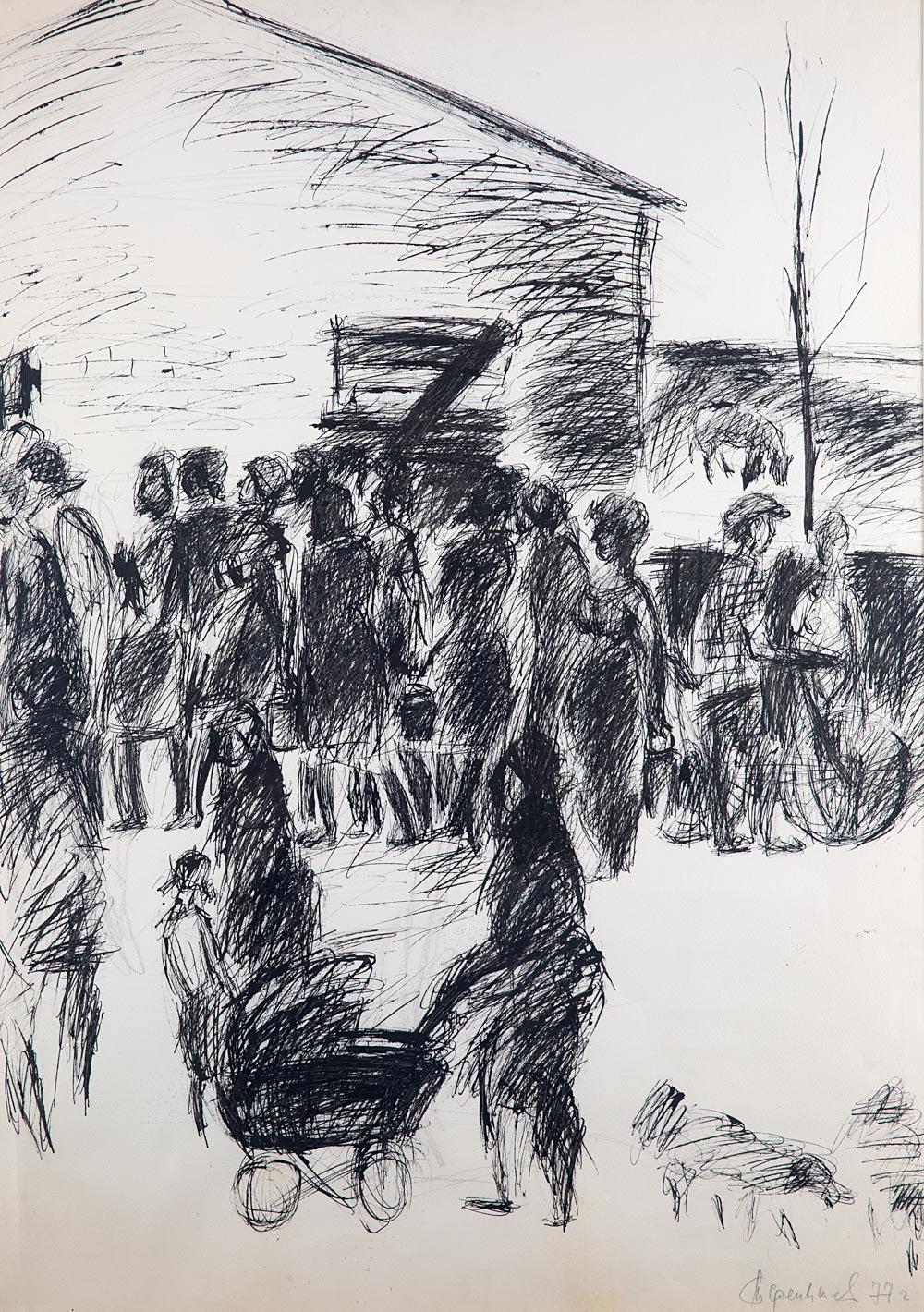 ANATOLY SLEPYSHEV (RUSSIAN 1932-2016), Line for Milk, 1977, ink drawing