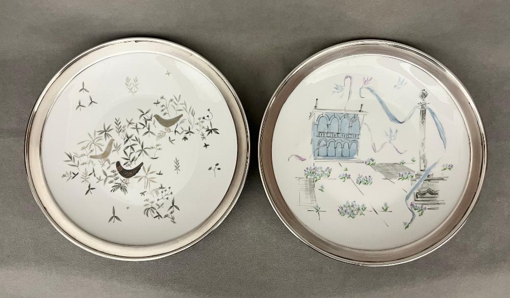 TWO ROSENTHAL PORCELAIN PLATES DESIGNED BY RAYMOND LOEWY WITH STERLING SILVER RIMGS - D: 11 3/4 in..