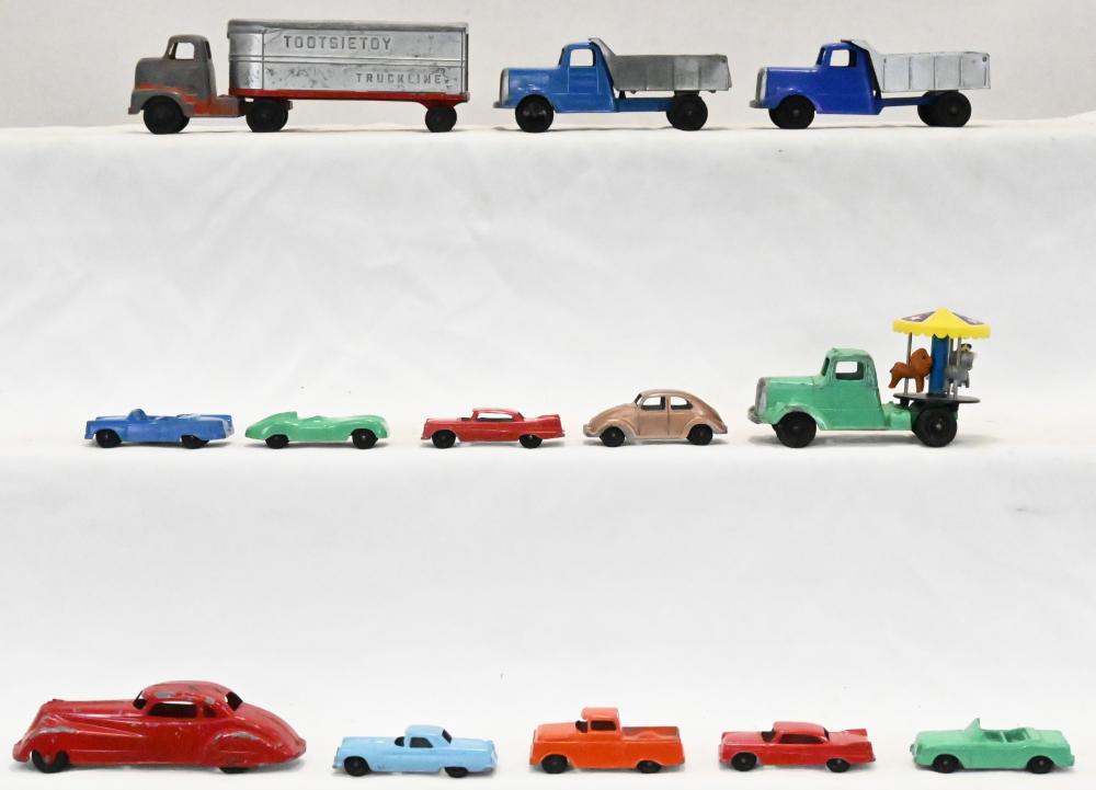 Tootsie Toy group of twenty autos and trucks in good condition with play wear, couple have been repainted