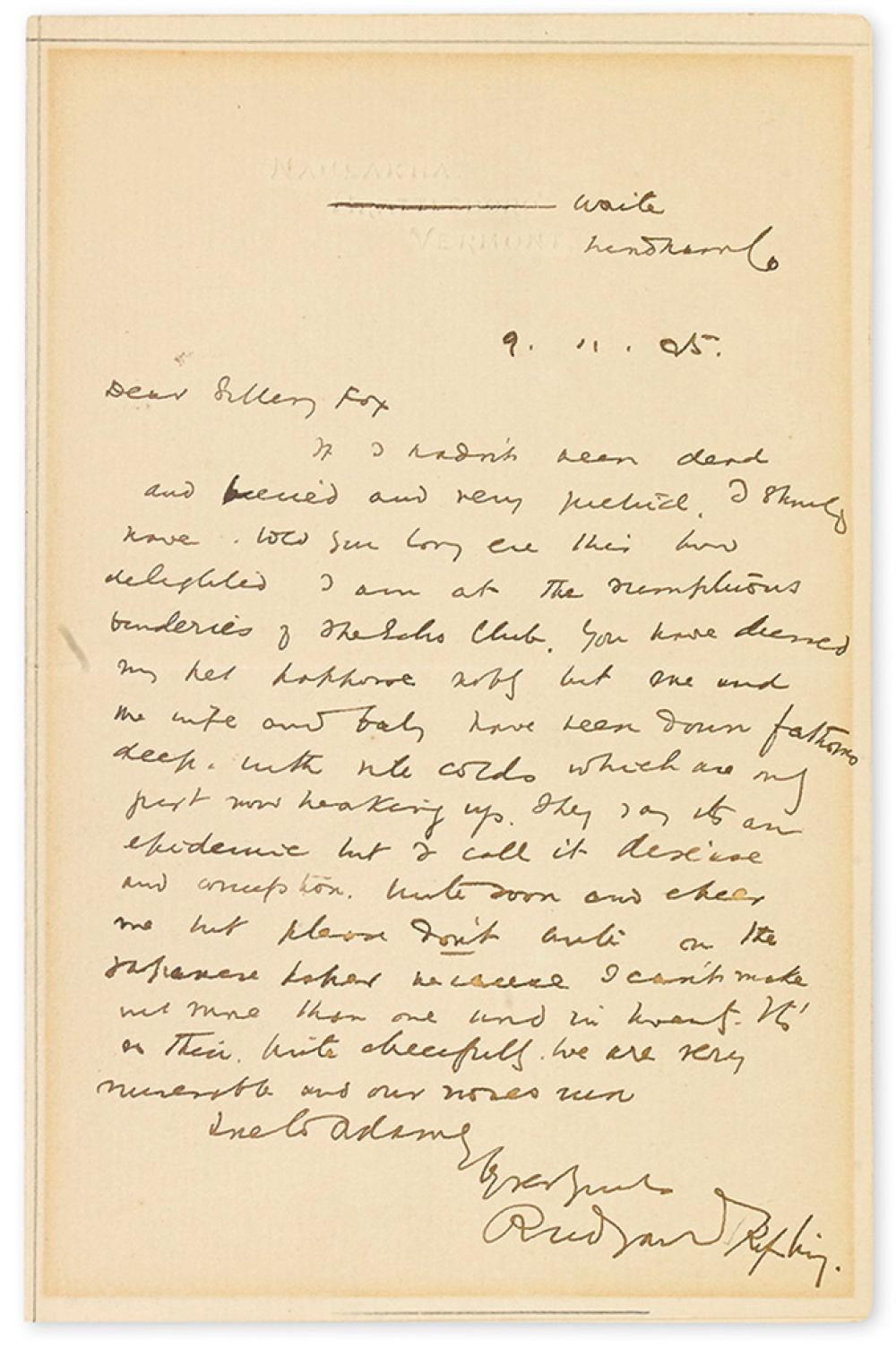 KIPLING, RUDYARD. Autograph Letter Signed, to W. Hallett Phillips ("Dear Sitting Fox"),