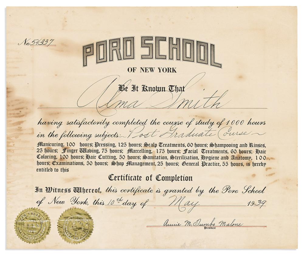 (WOMEN'S HISTORY--BEAUTY.) The Poro System of hair products and styling: minute book, diploma, photograph of New York practitioners.