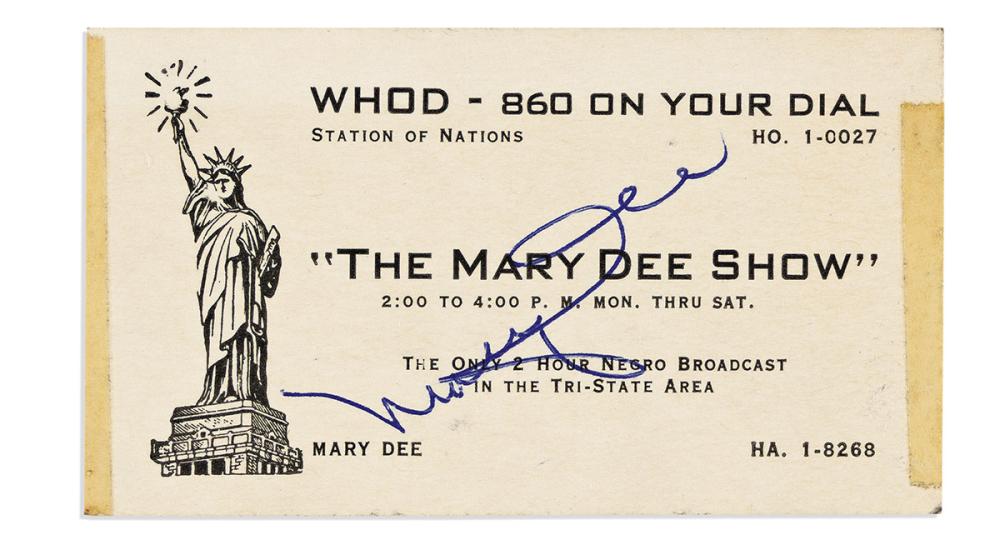 (ENTERTAINMENT--RADIO.) Twice-signed business card of pioneering disc jockey Mary Dee.