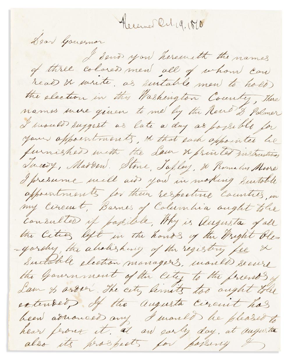 (RECONSTRUCTION.) Letter recommending literate "colored men" to help run elections in Reconstruction Georgia.