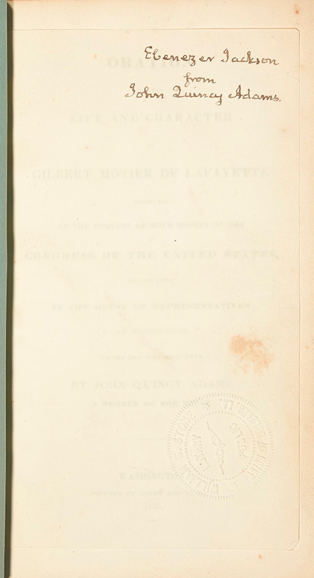 ADAMS, JOHN QUINCY. Oration on the Life and Character of Gilbert Motier de Lafayette.