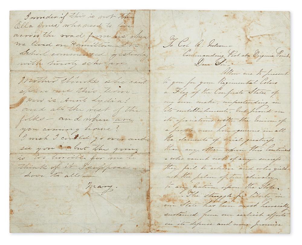 (CIVIL WAR--CONFEDERATE--TEXAS.) Jones, Ella. Letter presenting a hand-made Confederate flag to the colonel of the 10th Texas Infantry.