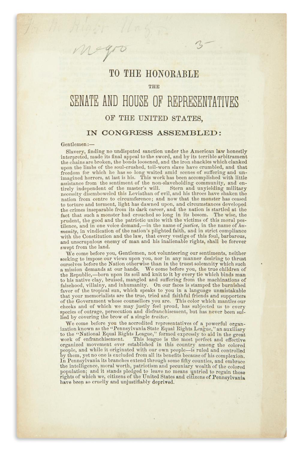 (RECONSTRUCTION.) Nesbit, William; et al. Circular letter "on behalf of the Pennsylvania State Equal Rights League."