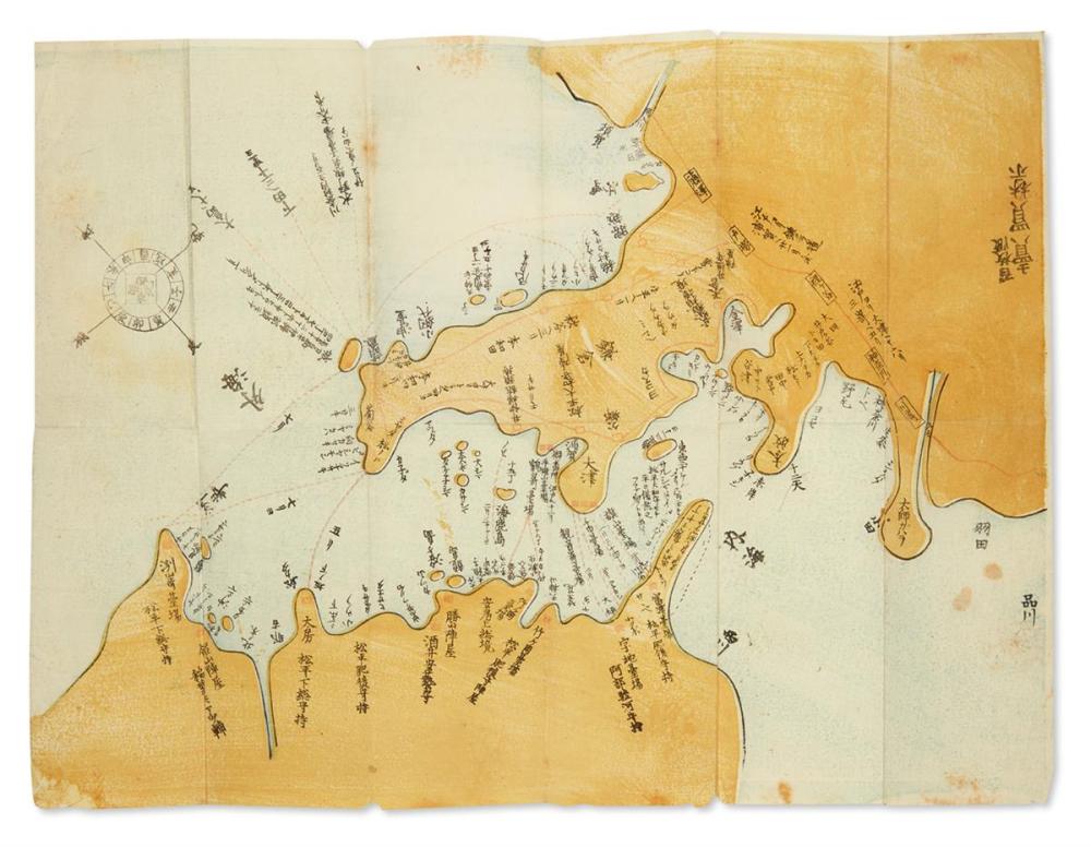 (JAPAN -- PERRY.) Color woodblock map of Uraga and Edo Bay showing the course of Commodore Perry's Black Ship squadron.